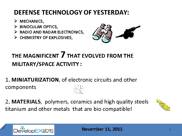 DEFENSE TECHNOLOGY OF YESTERDAY: Ø Ø MECHANICS, BINOCULAR OPTICS, RADIO AND RADAR ELECTRONICS, CHEMISTRY