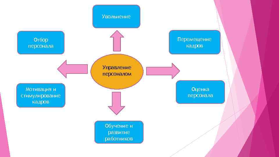 Увольнение Перемещение кадров Отбор персонала Управление персоналом Оценка персонала Мотивация и стимулирование кадров Обучение