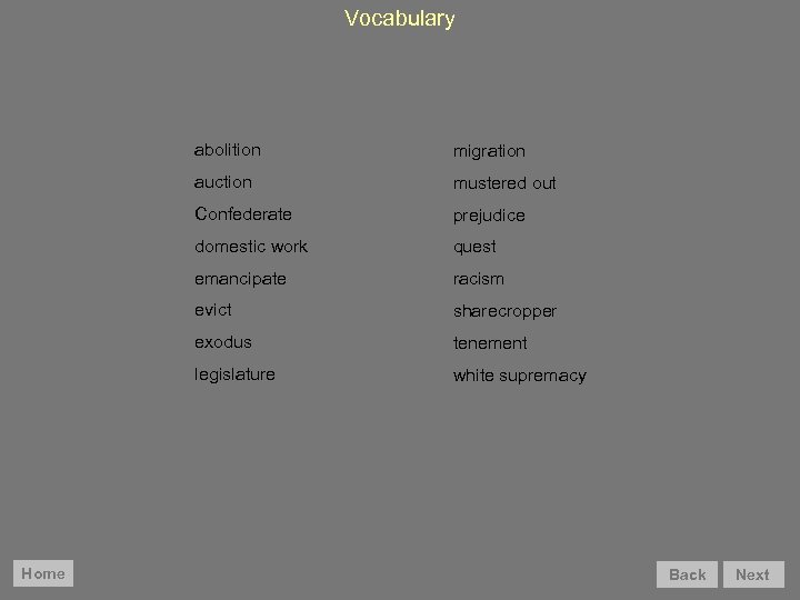 Vocabulary abolition auction mustered out Confederate prejudice domestic work quest emancipate racism evict sharecropper
