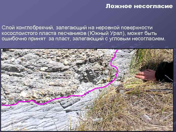 Ложное несогласие Слой конглобрекчий, залегающий на неровной поверхности косослоистого пласта песчаников (Южный Урал), может