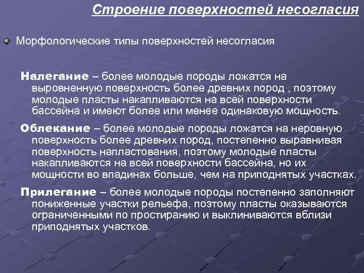 Строение поверхностей несогласия Морфологические типы поверхностей несогласия Налегание – более молодые породы ложатся на