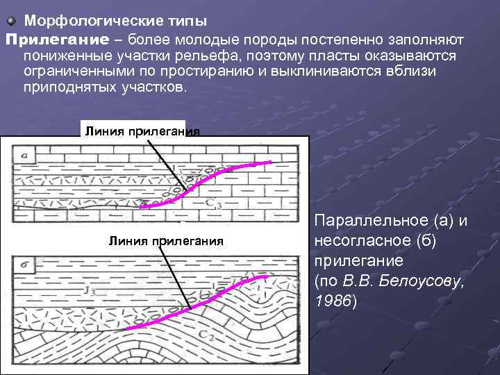 Морфологические типы Прилегание – более молодые породы постепенно заполняют пониженные участки рельефа, поэтому пласты