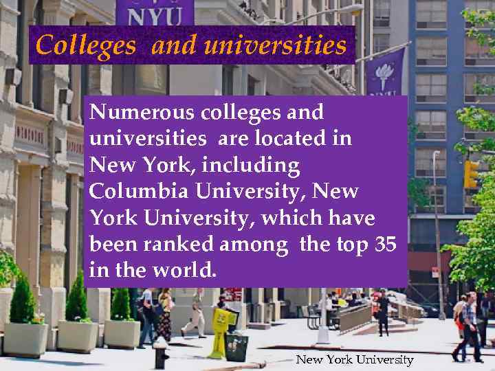 Colleges and universities Numerous colleges and universities are located in New York, including Columbia