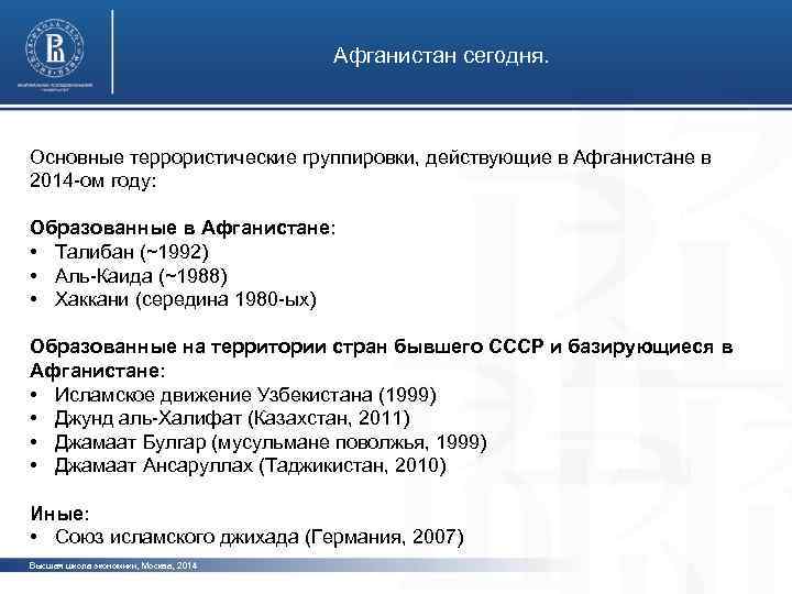 Афганистан сегодня. Основные террористические группировки, действующие в Афганистане в 2014 -ом году: Образованные в