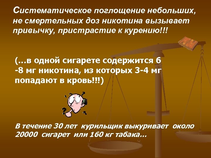 Систематическое поглощение небольших, не смертельных доз никотина вызывает привычку, пристрастие к курению!!! (…в одной