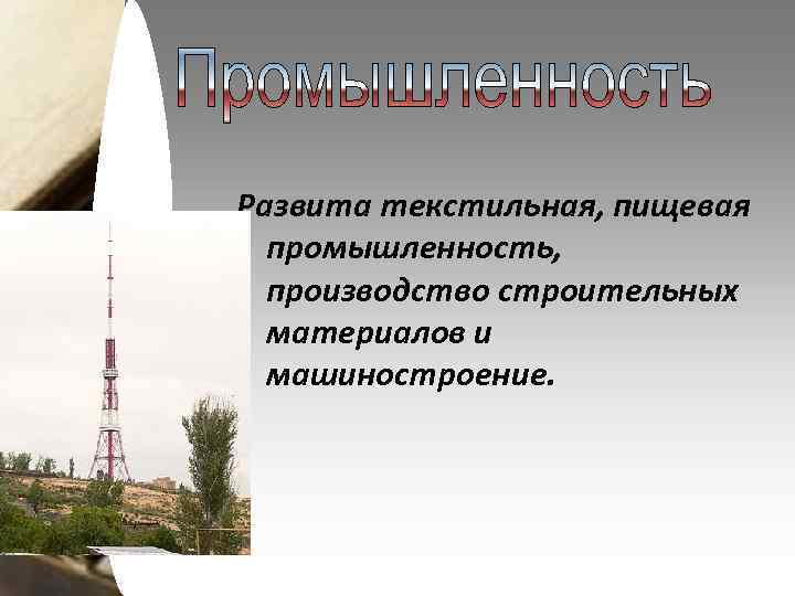 Развита текстильная, пищевая промышленность, производство строительных материалов и машиностроение. 