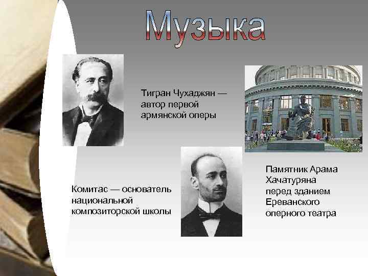 Тигран Чухаджян — автор первой армянской оперы Комитас — основатель национальной композиторской школы Памятник