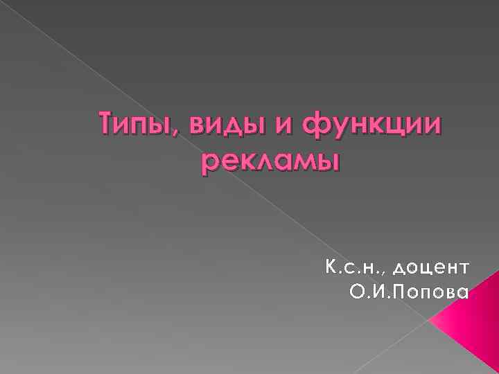 Типы, виды и функции рекламы К. с. н. , доцент О. И. Попова 