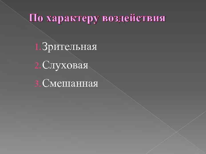 По характеру воздействия 1. Зрительная 2. Слуховая 3. Смешанная 