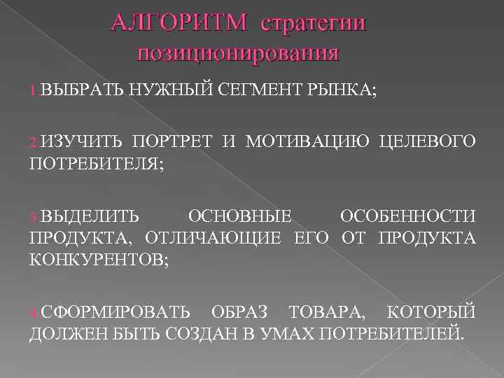 АЛГОРИТМ стратегии позиционирования 1. ВЫБРАТЬ НУЖНЫЙ СЕГМЕНТ РЫНКА; 2. ИЗУЧИТЬ ПОРТРЕТ И МОТИВАЦИЮ ЦЕЛЕВОГО