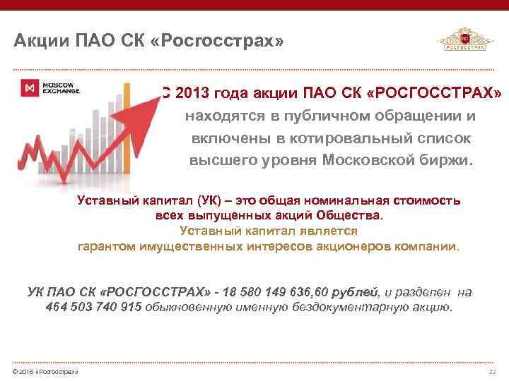 Акции ПАО СК «Росгосстрах» С 2013 года акции ПАО СК «РОСГОССТРАХ» находятся в публичном