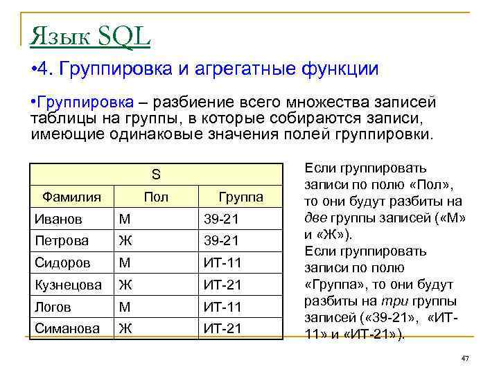 Язык SQL • 4. Группировка и агрегатные функции • Группировка – разбиение всего множества