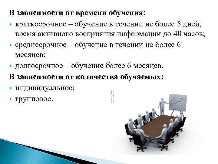 В зависимости от времени обучения: краткосрочное – обучение в течении не более 5 дней,