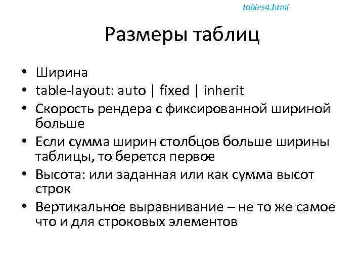 tables 4. html Размеры таблиц • Ширина • table-layout: auto | fixed | inherit