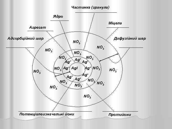 Частинка (гранула) Ядро Міцела Агрегат Адсорбційний шар NO 3 Дифузійний шар - NO 3