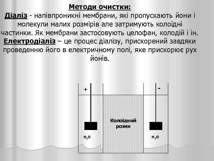 Методи очистки: Діаліз - напівпроникні мембрани, які пропускають йони і молекули малих розмірів але