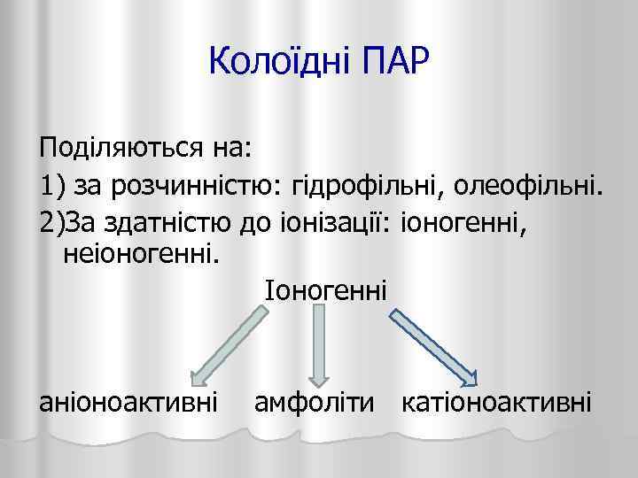 Колоїдні ПАР Поділяються на: 1) за розчинністю: гідрофільні, олеофільні. 2)За здатністю до іонізації: іоногенні,