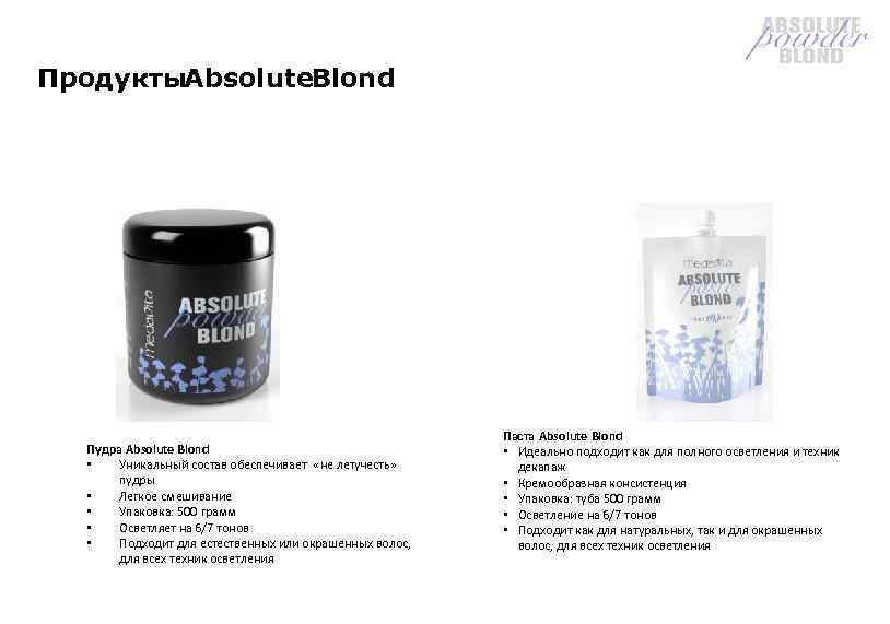 Продукты. Absolute. Blond Пудра Absolute Blond • Уникальный состав обеспечивает «не летучесть» пудры •