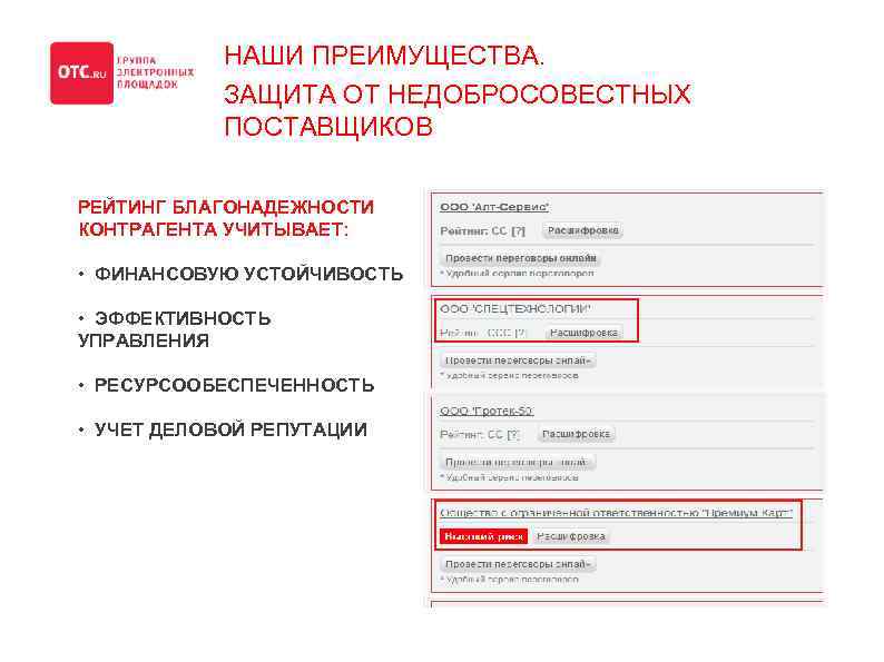 НАШИ ПРЕИМУЩЕСТВА. ЗАЩИТА ОТ НЕДОБРОСОВЕСТНЫХ ПОСТАВЩИКОВ РЕЙТИНГ БЛАГОНАДЕЖНОСТИ КОНТРАГЕНТА УЧИТЫВАЕТ: • ФИНАНСОВУЮ УСТОЙЧИВОСТЬ •