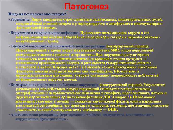 Патогенез Выделяют несколько стадий: • Заражение. Вирус внедряется через слизистые дыхательных, пищеварительных путей, повреждённый