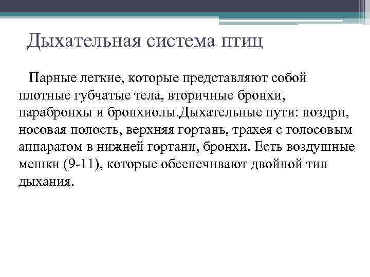 Дыхательная система птиц Парные легкие, которые представляют собой плотные губчатые тела, вторичные бронхи, парабронхы