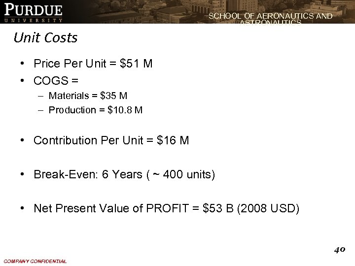 SCHOOL OF AERONAUTICS AND ASTRONAUTICS Unit Costs • Price Per Unit = $51 M