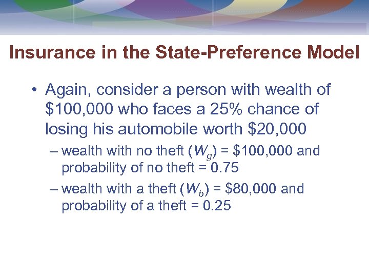 Insurance in the State-Preference Model • Again, consider a person with wealth of $100,