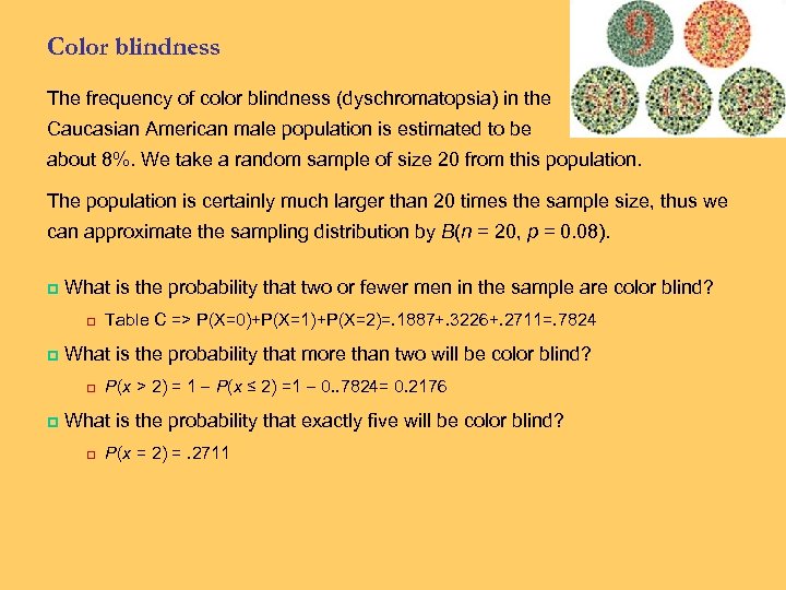Color blindness The frequency of color blindness (dyschromatopsia) in the Caucasian American male population