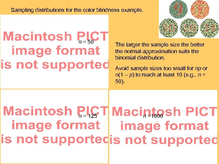 Sampling distributions for the color blindness example. n = 50 The larger the sample