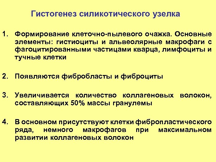 Гистогенез силикотического узелка 1. Формирование клеточно-пылевого очажка. Основные элементы: гистиоциты и альвеолярные макрофаги
