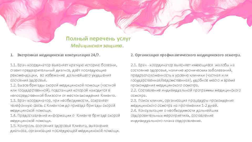 Полный перечень услуг Медицинская защита. 1. Экстренная медицинская консультация 24/7. 2. Организация профилактического медицинского