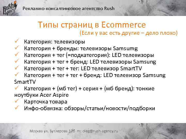 Рекламно-консалтинговое агентство Rush Типы страниц в Ecommerce (Если у вас есть другие – дело