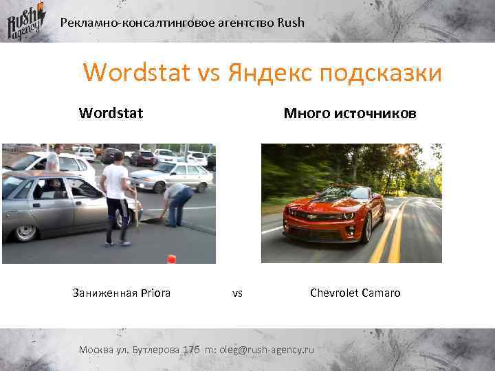 Рекламно-консалтинговое агентство Rush Wordstat vs Яндекс подсказки Wordstat Заниженная Priora Много источников vs Chevrolet