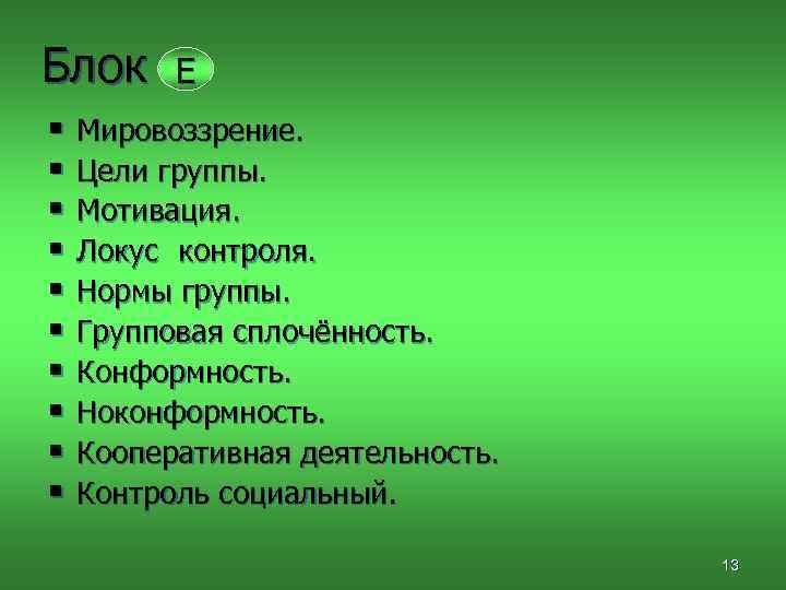 Блок E § Мировоззрение. § Цели группы. § Мотивация. § Локус контроля. § Нормы