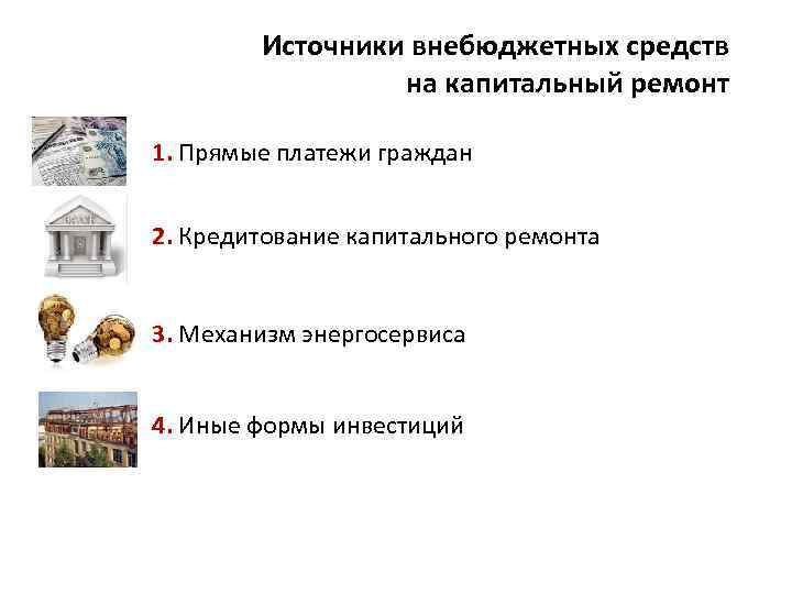 Источники внебюджетных средств на капитальный ремонт 1. Прямые платежи граждан 2. Кредитование капитального ремонта