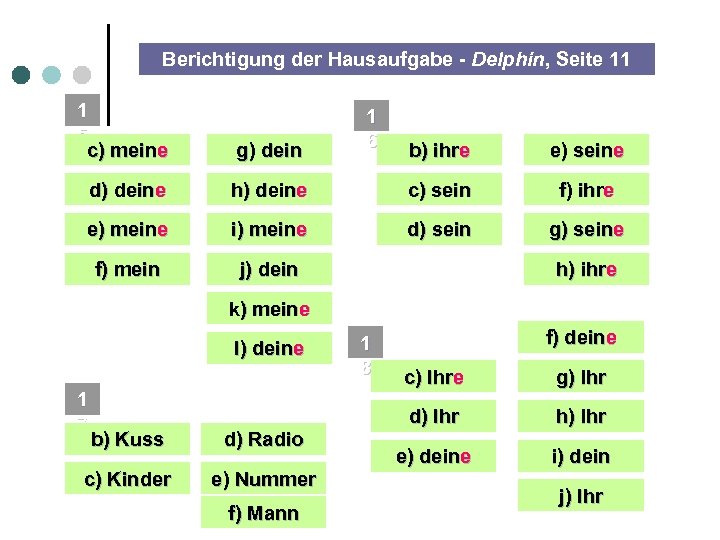 Berichtigung der Hausaufgabe - Delphin, Seite 11 1 5 c) meine g) dein d)