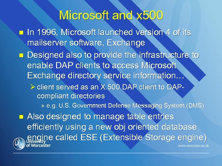 Microsoft and x 500 n n In 1996, Microsoft launched version 4 of its