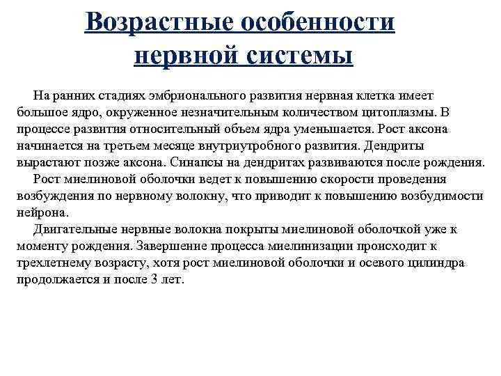 Возрастные особенности нервной системы На ранних стадиях эмбрионального развития нервная клетка имеет большое ядро,