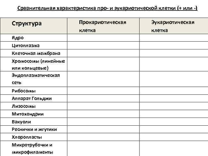 Сравнительная характеристика про- и эукариотической клетки (+ или -) Структура Ядро Цитоплазма Клеточная мембрана