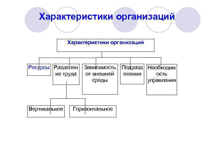 Характеристики организаций Ресурсы Разделен ие труда Вертикальное Зависимость Подразд Необходим от внешней еления ость