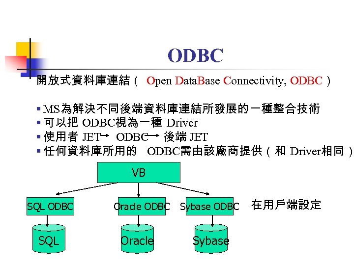 ODBC 開放式資料庫連結（ Open Data. Base Connectivity, ODBC） § MS為解決不同後端資料庫連結所發展的一種整合技術 § 可以把 ODBC視為一種 Driver §