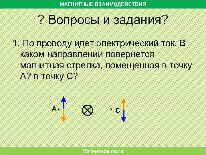 МАГНИТНЫЕ ВЗАИМОДЕЙСТВИЯ ? Вопросы и задания? 1. По проводу идет электрический ток. В каком