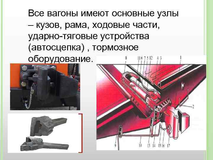 Все вагоны имеют основные узлы – кузов, рама, ходовые части, ударно-тяговые устройства (автосцепка) ,