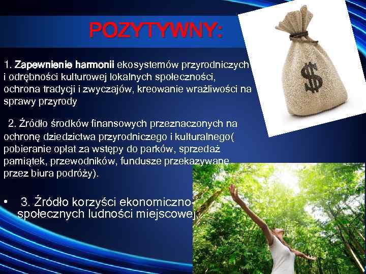 POZYTYWNY: 1. Zapewnienie harmonii ekosystemów przyrodniczych i odrębności kulturowej lokalnych społeczności, ochrona tradycji i