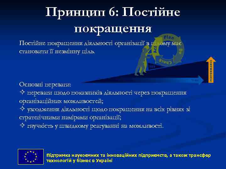 Принцип 6: Постійне покращення діяльності організації в цілому має становити її незмінну ціль. Основні