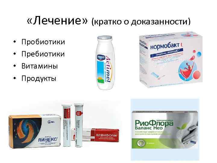  «Лечение» (кратко о доказанности) • • Пробиотики Пребиотики Витамины Продукты 