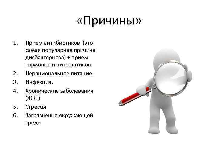  «Причины» 1. 2. 3. 4. 5. 6. Прием антибиотиков (это самая популярная причина