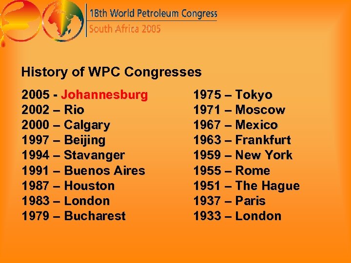 History of WPC Congresses 2005 - Johannesburg 2002 – Rio 2000 – Calgary 1997