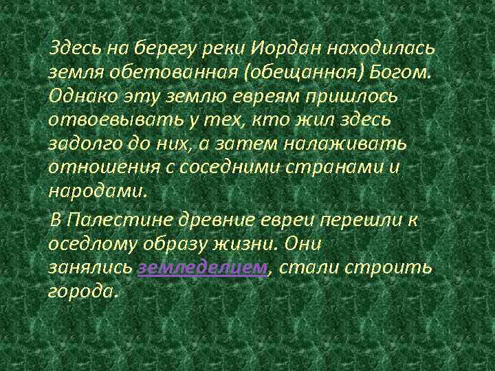  Здесь на берегу реки Иордан находилась земля обетованная (обещанная) Богом. Однако эту землю