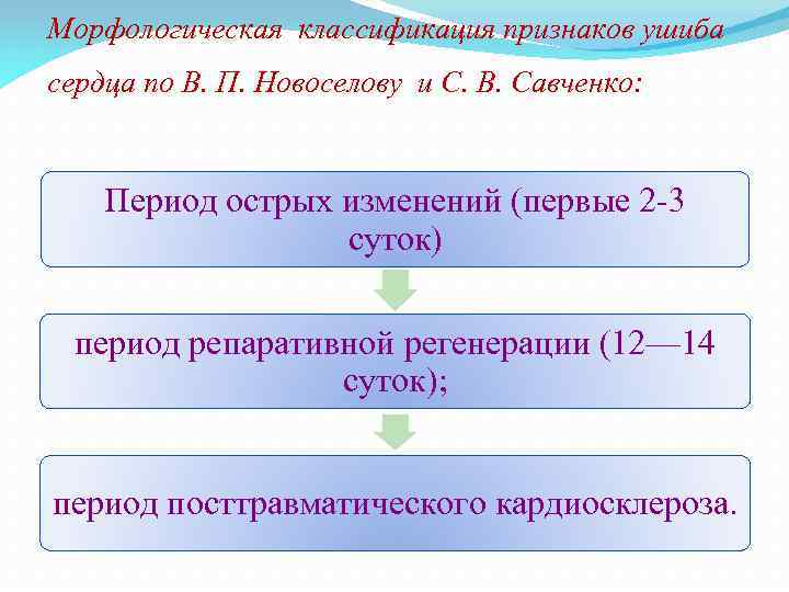 Морфологическая классификация признаков ушиба сердца по В. П. Новоселову и С. В. Савченко: Период